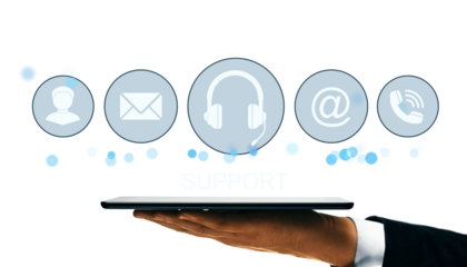 Businessman's hand holding tablet with floating digital support icons, minimal graphic style, on white background, concept of online support