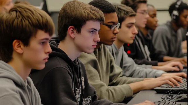 Group of students focused on coding at a technology workshop in a classroom setting during afternoon