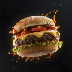 Hamburger and hot on black background with lettuce tomato and cheese