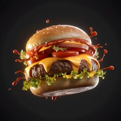 Tasty cheeseburger with lettuce and tomato on white background