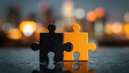 Two puzzle pieces, black and orange, joined together, against a blurred cityscape backdrop