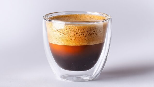 Double-walled glass espresso cup filled with coffee, crema on top