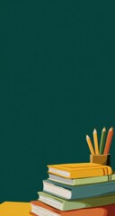 Stack of colorful books and pencils on a dark teal background