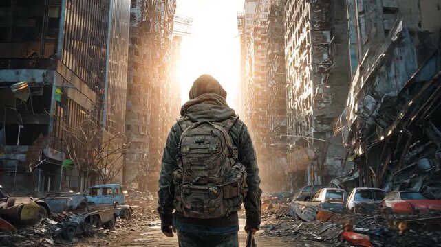 Survivor Walking Through Post Apocalyptic City