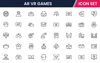 Vector line icon collection featuring AR, VR, and gaming elements like headsets, controllers, avatars, and environments perfect for immersive tech platforms.