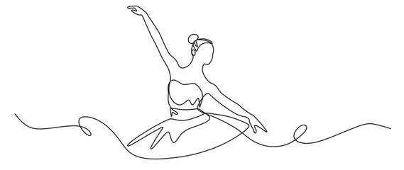 Continuous line art of a young and sexy female ballet dancer or ballerina. Conceptual dance movement of a ballet dancer performing. Wall poster with fashion print.