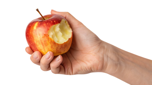 A person's hand holds a bitten red apple, symbolizing healthy eating and organic nutrition