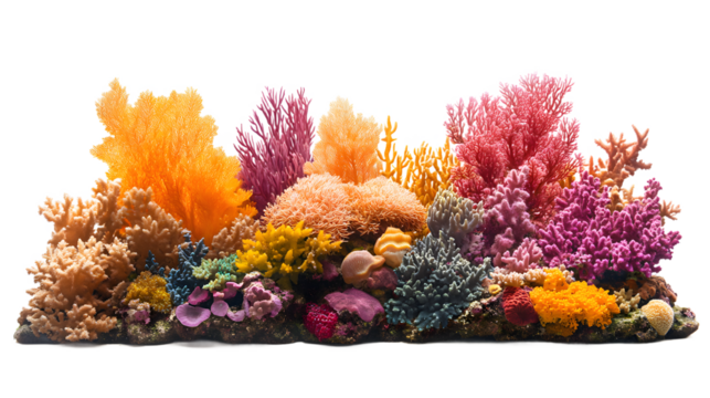 Vibrant underwater coral reef ecosystem showcasing diverse shapes and colors isolated on transparent background