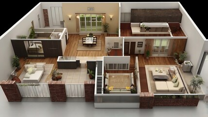 Exploded view of a terrace home floor plan, 3D render