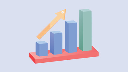 Isometric bar graph showing upward trend with arrow pointing upwards on a light blue background