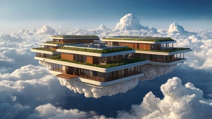 Floating terrace houses, sci-fi concept, hovering above clouds, 3D fantasy render