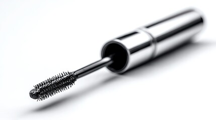 Close-up shot of a mascara wand with black bristles, partially inserted into a silver tube, on a white surface.