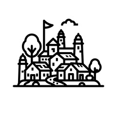 Scenic lighthouse with houses and trees on shoreline