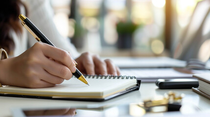 Close-up of hand writing in notebook beside laptop on desk with natural light