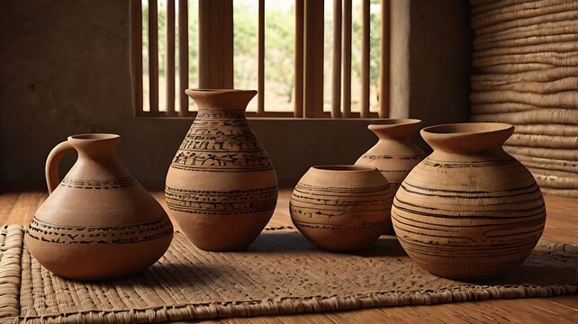 Ethiopian tukul interior with woven mats and earthenware vessels, 3D rendering
