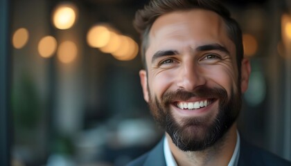 Naklejka premium Portrait of smiling man with beard professional headshot stock photo