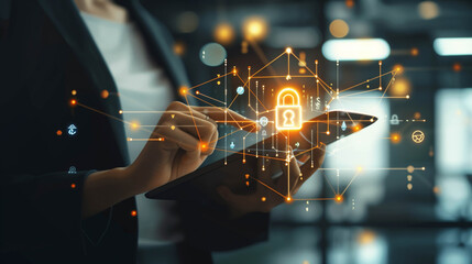 Businesswoman using digital tablet with glowing padlock icon representing cybersecurity and data protection