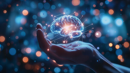 Hands holding glowing digital brain with neural network connections in futuristic background
