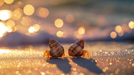 Two hermit crabs in shells on sandy beach with ocean waves at sunset bokeh background