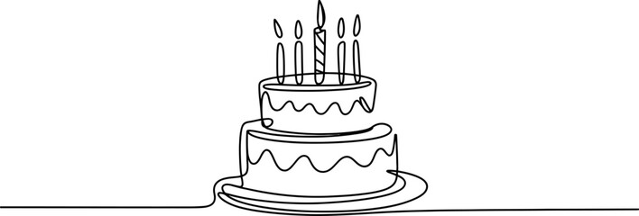 Continuous Line Drawing of Birthday Cake with Candles on white background