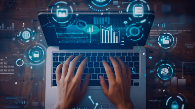 Hands typing on laptop keyboard with virtual digital interface and futuristic data graphics