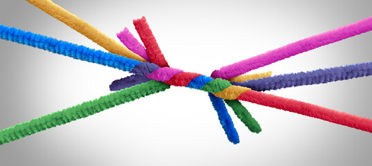 Group Unity teamwork symbol and strong united partnership relationship concept as many diverse pipe...