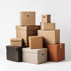 Stacked cardboard boxes of various sizes and colors against a white background