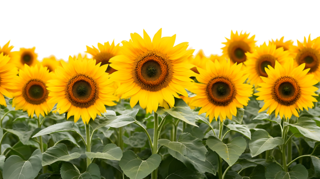 A field of vibrant yellow sunflowers with dark centers showcasing their beauty on a transparent background isolated on transparent background