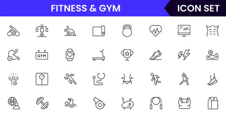 Fitness and Gym vector line icons including heart rate, steps, smartwatches, workouts, calories, goals, progress, health stats, and activity logs.