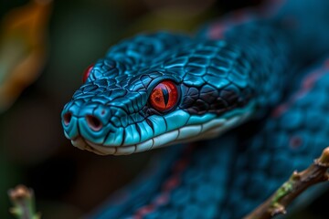 Fototapeta premium Close Up Portrait Of Blue Viper Snake, Red Eyes Sharply Focused, Blurred Dark Underbrush Background, Soft Side Lighting Emphasizing Eye Color And Scale Texture, Artistic Nature Photography
