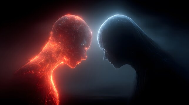 Cosmic Confrontation: Luminous Beings of Fire and Ice in Silent Dialogue - Powered by Adobe