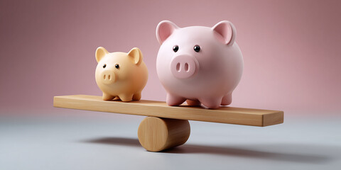 Cute piggy banks on a balance, representing savings and financial decision-making, with pastel backdrop highlighting economic concepts and budgeting importance