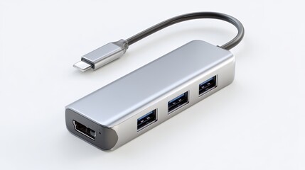 Fototapeta premium A silver USB hub with multiple ports and a short cable is displayed on a white surface.