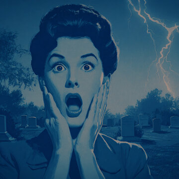 Shock Fear Emotion Woman Face Gesture Expression Graveyard Lightning Horror Mystery Spooky Night Blue Dark Clouds Anxiety Petrified Gothic Atmosphere Scary Tension Surreal Ominous Cemetery