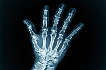Naklejka premium Diagnostic quality X-ray of a hand, highlighting bone density and joint spaces with exceptional clarity