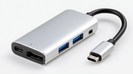 Fototapeta premium Silver aluminum multi-port adapter with USB and HDMI connections.