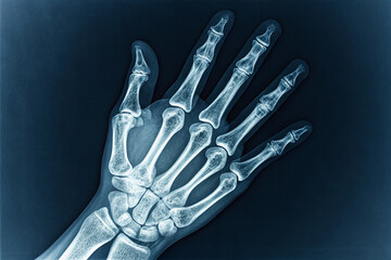 Fototapeta premium Detailed radiographic image of a hand's internal structure, emphasizing bones and translucent soft tissue