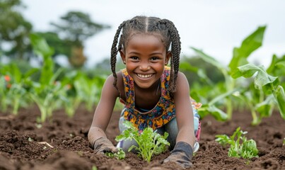 Young happy school girl planting vegetables in a garden field. Sustainable living in the next generation. Sustainability school education, Generative AI
