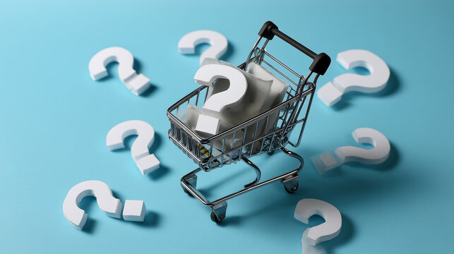 Shopping Cart Surrounded by Large Question Marks on a Vibrant Blue Background, Symbolizing Consumer Decisions and Uncertainty in Retail Choices