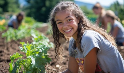 Young happy school girl planting vegetables in a garden field. Sustainable living in the next generation. Sustainability school education, Generative AI