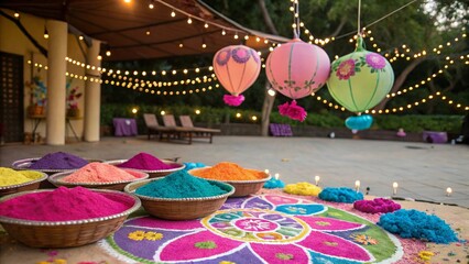 Colourful traditional Chinese lanterns illuminate a temple garden, adding vibrant cultural decoration to the Asian architecture