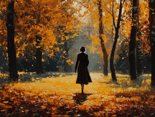 Woman in Autumn Forest: Solitude and Beauty of Fall, Warm Light, Golden Foliage