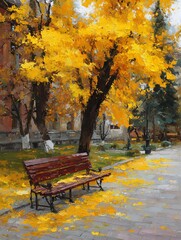 Autumn Park Bench Scene: Capturing the Beauty of Fall with Colorful Leaves