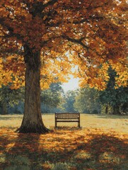 Autumnal Serenity: Bench Under Golden Tree in Fall Landscape Painting Style