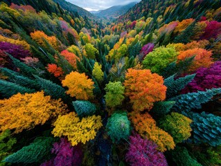 Aerial View of a Mountain Forest in Autumn Colors - Stunning Fall Foliage Landscape