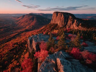 Autumn Majesty: Aerial View of Fall Foliage at Sunrise in Adirondack Mountains