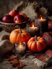 Cozy Autumn Still Life: Pumpkins, Apples, and Candlelight for a Harvest Celebration