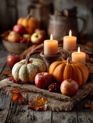 Rustic Autumn Harvest Still Life: Pumpkins, Apples, Candles on Wood