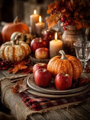 Rustic Autumn Harvest Table Setting with Pumpkins, Apples, and Candles for Thanksgiving