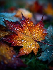 Autumnal Maple Leaf Adorned with Sparkling Dew Drops
